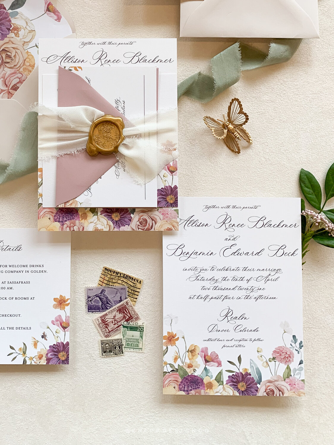 An invitation card includes the who, when, and where of the wedding!