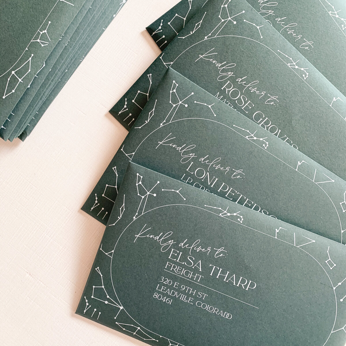 These gorgeous dark green envelopes not only had fun constellations printed on the front but, using variable printing, we were able get all the addresses printed in coordinating typefaces to match the fun invites inside!