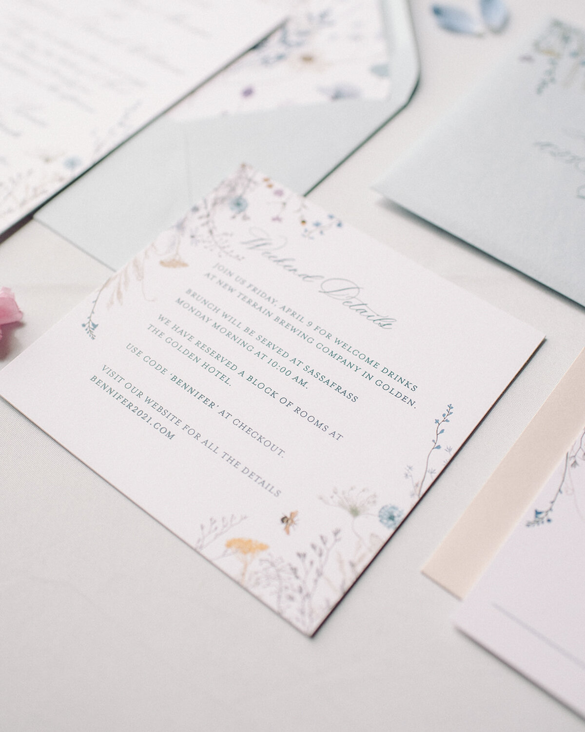 Your enclosure card can include additional details for your wedding that your guests need to know.